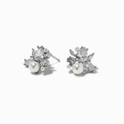 Silver-tone Pearl & Cubic Zirconia Cluster Stud Earrings