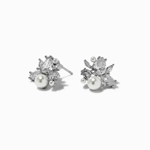 Silver-tone Pearl & Cubic Zirconia Cluster Stud Earrings