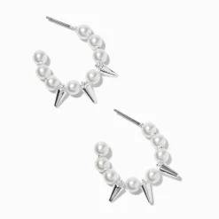 Silver-tone Pearl & Spike 10mm Hoop Earrings