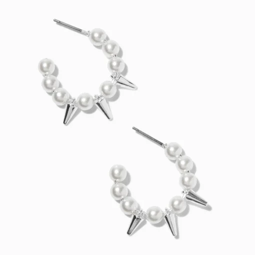 Silver-tone Pearl & Spike 10mm Hoop Earrings