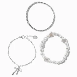 Silver-tone Pearl Bow Cup Chain Bracelet Set - 3 Pack