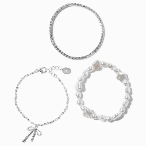 Silver-tone Pearl Bow Cup Chain Bracelet Set - 3 Pack