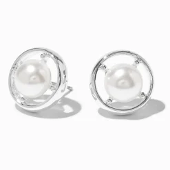 Silver-tone Pearl Compass Stud Earrings