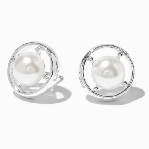 Silver-tone Pearl Compass Stud Earrings