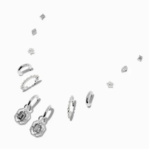 Silver-tone Pearl Crystal Earring Stackables Set - 6 Pack