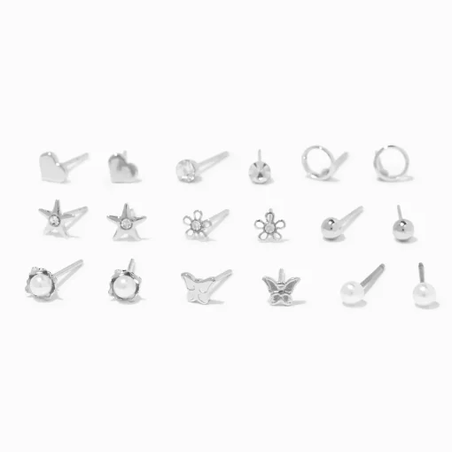 Silver-tone Pearl Floral Mixed Stud Earrings - 9 Pack
