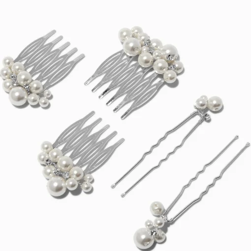 Silver-tone Pearl Hair Combs & Pins - 5 Pack