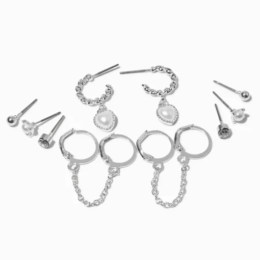Silver-tone Pearl Heart Chain Connector Stackables Set - 6 Pack