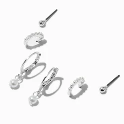 Silver-tone Pearl Hoop Earring Stack - 3 Pack
