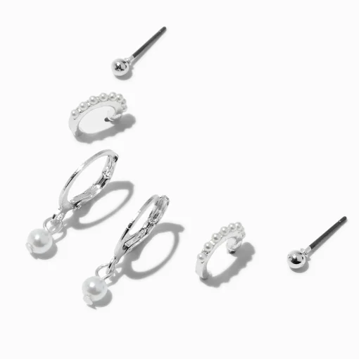 Silver-tone Pearl Hoop Earring Stack - 3 Pack