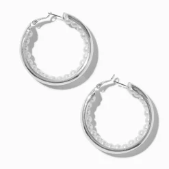 Silver-tone Pearl Inner Hoop Earrings