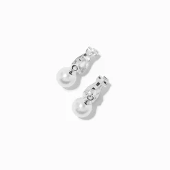 Silver-tone Pearl 0.5" Clip-On Drop Earrings