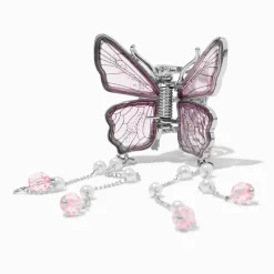 Silver-tone Pink Butterfly Beaded Dangle Hair Claw