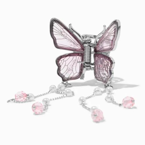Silver-tone Pink Butterfly Beaded Dangle Hair Claw