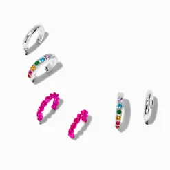 Silver-tone Pink Rainbow Hoop Earring Stackables Set - 3 Pack