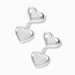 Silver-tone Puffy Double Heart Drop Earrings