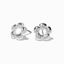 Silver-tone Puffy Flower Stud Earrings