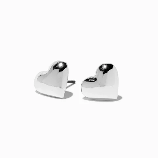 Silver-tone Puffy Heart Stud Earrings