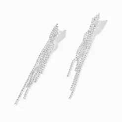 Silver-tone 3" Crystal Chain Fringe Clip-On Drop Earrings