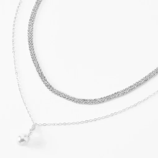 Silver-tone Rhinestone & Pearl Charm Multi-Strand Necklace