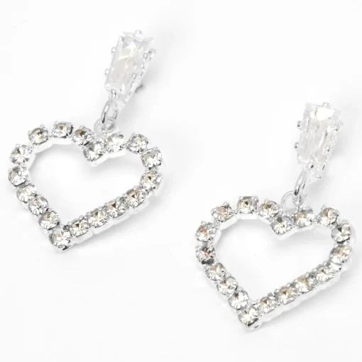 Silver-tone Rhinestone Heart 0.5" Drop Earrings