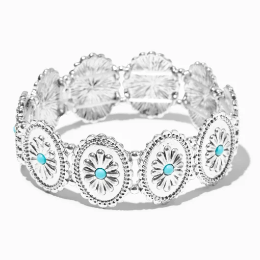 Silver-tone Round Filigree Turquoise Flower Medallion Cowgirl Stretch Bracelet