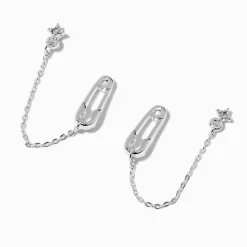 Silver-tone Safety Pin & Starburst Connector Chain Stud Earrings