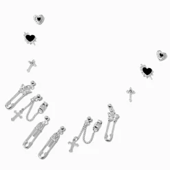 Silver-tone Safety Pin Grunge Earring Stackables Set - 6 Pack