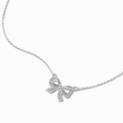 Silver-tone Small Pavé Crystal Bow Stackable Pendant Necklace