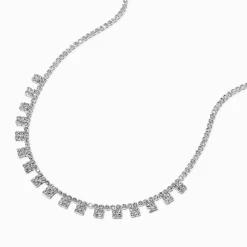 Silver-tone Square Rhinestones Statement Necklace