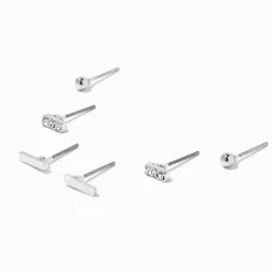 Silver-tone Stacked Bars Stud Earrings - 3 Pack
