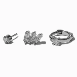Silver-tone Stainless Steel Cubic Zirconia 18G Bezeled Stud & Hoop Threadless Cartilage Earrings - 3 Pack