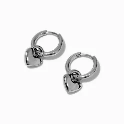 Silver-tone Stainless Steel Heart Dangle Hoop Earrings
