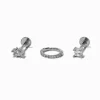 Silver-tone Stainless Steel Cubic Zirconia 18G Square & Marquise Stud & Hoop Threadless Cartilage Earrings - 3 Pack