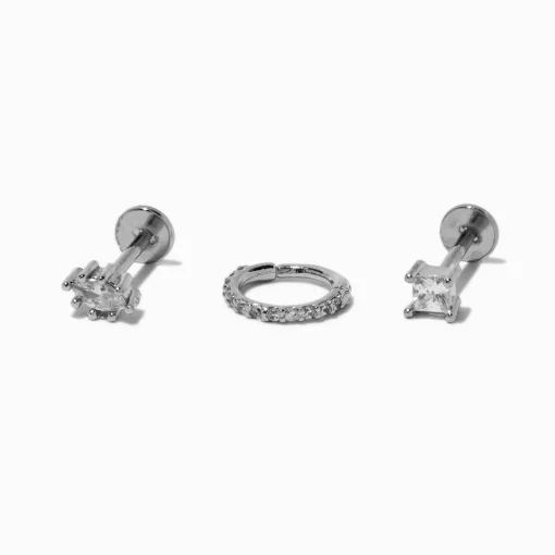 Silver-tone Stainless Steel Cubic Zirconia 18G Square & Marquise Stud & Hoop Threadless Cartilage Earrings - 3 Pack