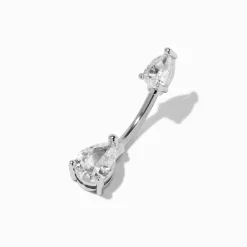 Silver-tone Stainless Steel Teardrop Crystal 14G Belly Bar