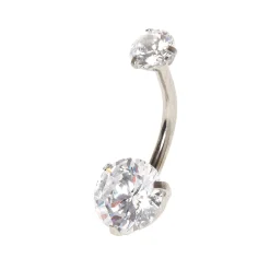Silver-tone Stainless Steel Round Cubic Zirconia 14G Belly Bar