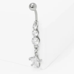 Silver-tone Stainless Steel Crystal Star Dangle 14G Belly Bar