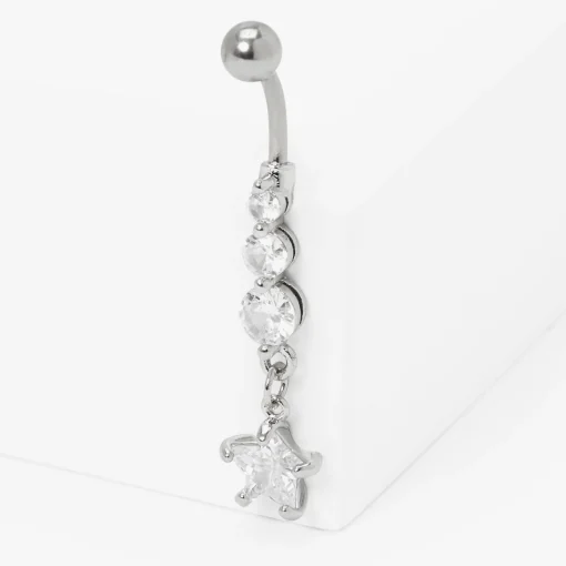 Silver-tone Stainless Steel Crystal Star Dangle 14G Belly Bar