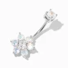 Silver-tone Stainless Steel Iridescent AB Cubic Zirconia Flower 14G Belly Bar