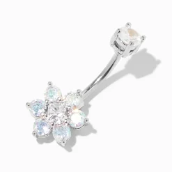 Silver-tone Stainless Steel Iridescent AB Cubic Zirconia Flower 14G Belly Bar