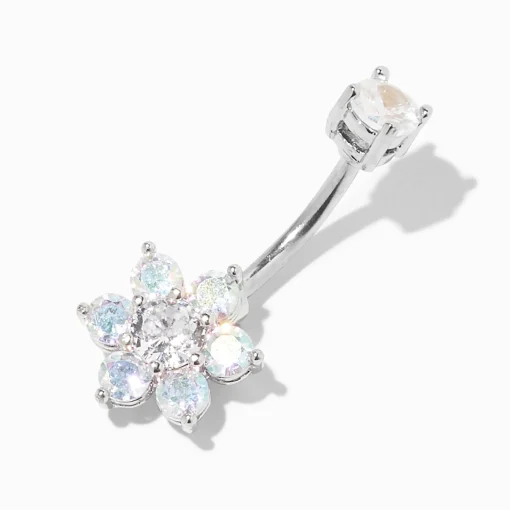 Silver-tone Stainless Steel Iridescent AB Cubic Zirconia Flower 14G Belly Bar