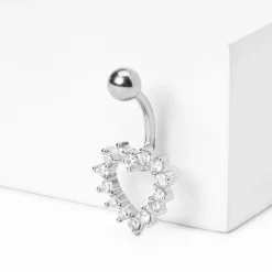 Silver-tone Stainless Steel Cubic Zirconia Cutout Heart Dangle 14G Belly Bar