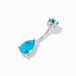 Silver-tone Stainless Steel Blue Teardrop Crystal 14G Belly Bar