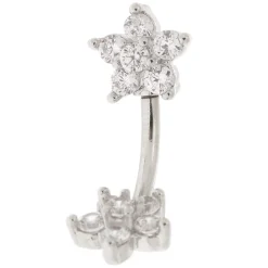 Silver-tone Stainless Steel Cubic Zirconia Double Flower 14G Belly Bar