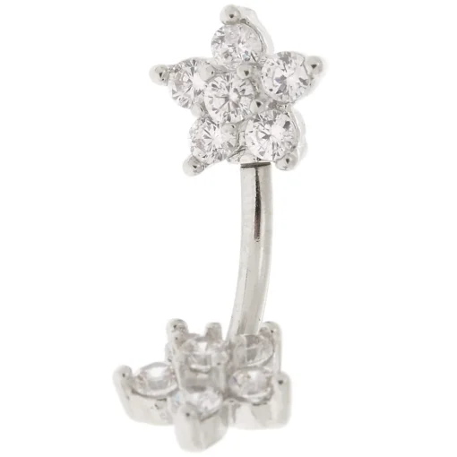 Silver-tone Stainless Steel Cubic Zirconia Double Flower 14G Belly Bar
