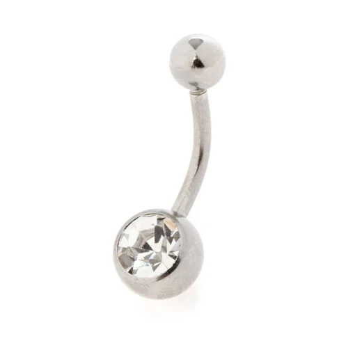 Silver-tone Stainless Steel Crystal Ball 14G Belly Bar