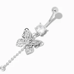 Silver-tone Stainless Steel Filigree Butterfly 14G Belly Bar