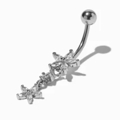 Silver-tone Stainless Steel Cubic Zirconia Flower Dangle 14G Belly Bar