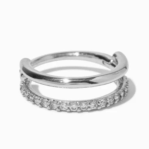 Silver-tone Stainless Steel Cubic Zirconia Double 16G Conch Hoop Earring